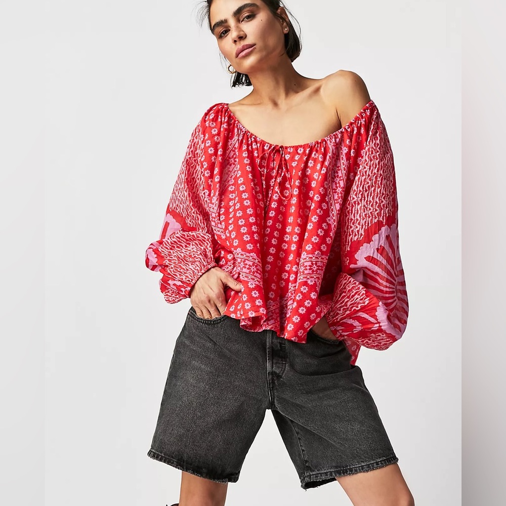 FREE PEOPLE Boho Floral Printed Flowy Blouse - Size XS - Red Combo - NWT - Picture 9 of 16